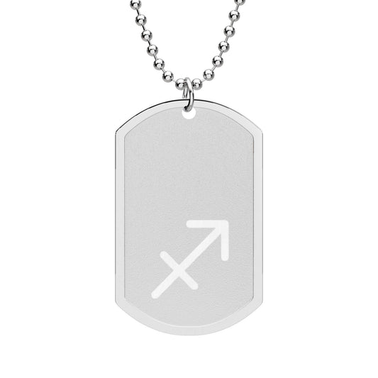 Sagittarius Zodiac Dog Tag Necklace — Silver Astrological Pendant with Arrow Symbol